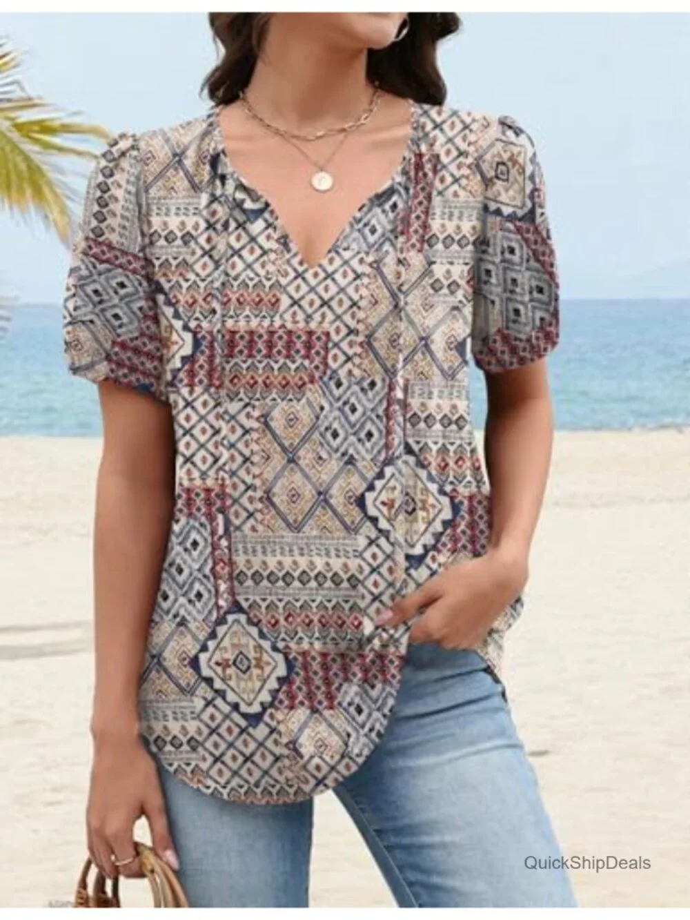 Boho Peasant Blouse Puff Sleeve V Neck Tie Front Tunic Soft Rayon Short Sleeve